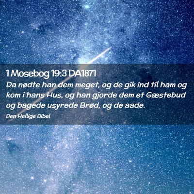 Picture 02 - 1 Mosebog 19:3 DA1871 - Da nødte han dem meget, og de gik ind til ham og - Bible Verse Picture
