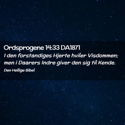 Picture 02 - Ordsprogene 14:33 DA1871 - I den forstandiges Hjerte hviler Visdommen; men i - Bible Verse Picture