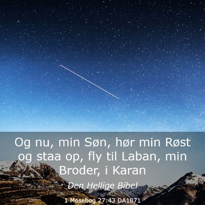 Picture 03 - 1 Mosebog 27:43 DA1871 - Og nu, min Søn, hør min Røst og staa op, fly - Bible Verse Picture