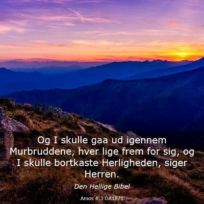 Picture 03 - Amos 4:3 DA1871 - Og I skulle gaa ud igennem Murbruddene, hver lige - Bible Verse Picture