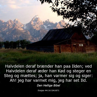 Picture 03 - Esajas 44:16 DA1871 - Halvdelen deraf brænder han paa Ilden; ved - Bible Verse Picture