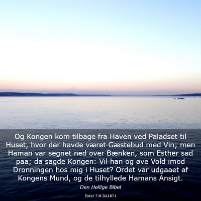 Picture 03 - Ester 7:8 DA1871 - Og Kongen kom tilbage fra Haven ved Paladset til - Bible Verse Picture