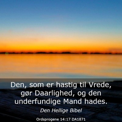 Picture 03 - Ordsprogene 14:17 DA1871 - Den, som er hastig til Vrede, gør Daarlighed, og - Bible Verse Picture