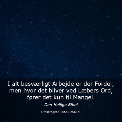 Picture 03 - Ordsprogene 14:23 DA1871 - I alt besværligt Arbejde er der Fordel; men hvor - Bible Verse Picture