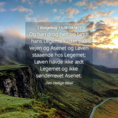 Picture 04 - 1 Kongebog 13:28 DA1871 - Og han drog hen og fandt hans Legeme kastet paa - Bible Verse Picture
