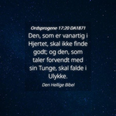 Picture 04 - Ordsprogene 17:20 DA1871 - Den, som er vanartig i Hjertet, skal ikke finde - Bible Verse Picture
