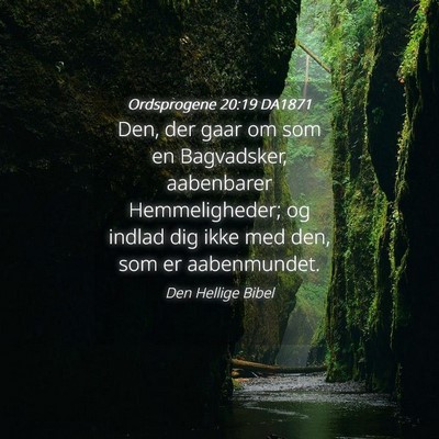 Picture 04 - Ordsprogene 20:19 DA1871 - Den, der gaar om som en Bagvadsker, aabenbarer - Bible Verse Picture