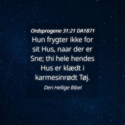 Picture 04 - Ordsprogene 31:21 DA1871 - Hun frygter ikke for sit Hus, naar der er Sne; - Bible Verse Picture