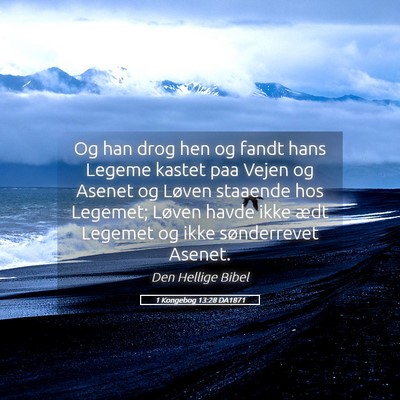 Picture 05 - 1 Kongebog 13:28 DA1871 - Og han drog hen og fandt hans Legeme kastet paa - Bible Verse Picture
