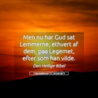 Picture 05 - 1 Korintherne 12:18 DA1871 - Men nu har Gud sat Lemmerne, ethvert af dem, paa - Bible Verse Picture