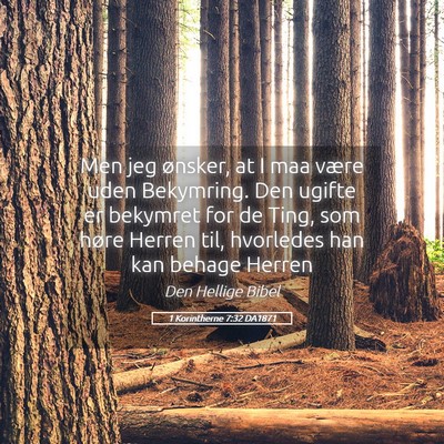 Picture 05 - 1 Korintherne 7:32 DA1871 - Men jeg ønsker, at I maa være uden Bekymring. - Bible Verse Picture