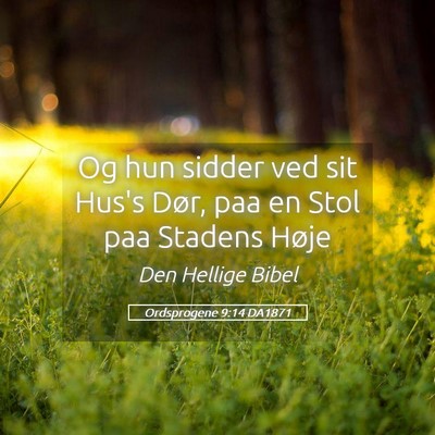 Picture 05 - Ordsprogene 9:14 DA1871 - Og hun sidder ved sit Hus's Dør, paa en Stol paa - Bible Verse Picture