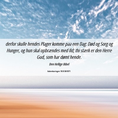 Picture 06 - Aabenbaringen 18:8 DA1871 - derfor skulle hendes Plager komme paa een Dag: - Bible Verse Picture