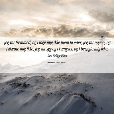 Picture 06 - Matthæus 25:43 DA1871 - jeg var fremmed, og I toge mig ikke hjem til - Bible Verse Picture