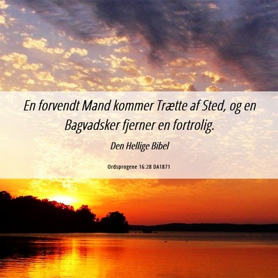 Picture 06 - Ordsprogene 16:28 DA1871 - En forvendt Mand kommer Trætte af Sted, og en - Bible Verse Picture
